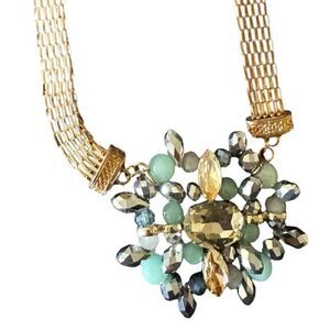 Vintage Artisan Necklace Dangle Drop‎ Earrings Set Beaded Bib Gold Chain Jewelry